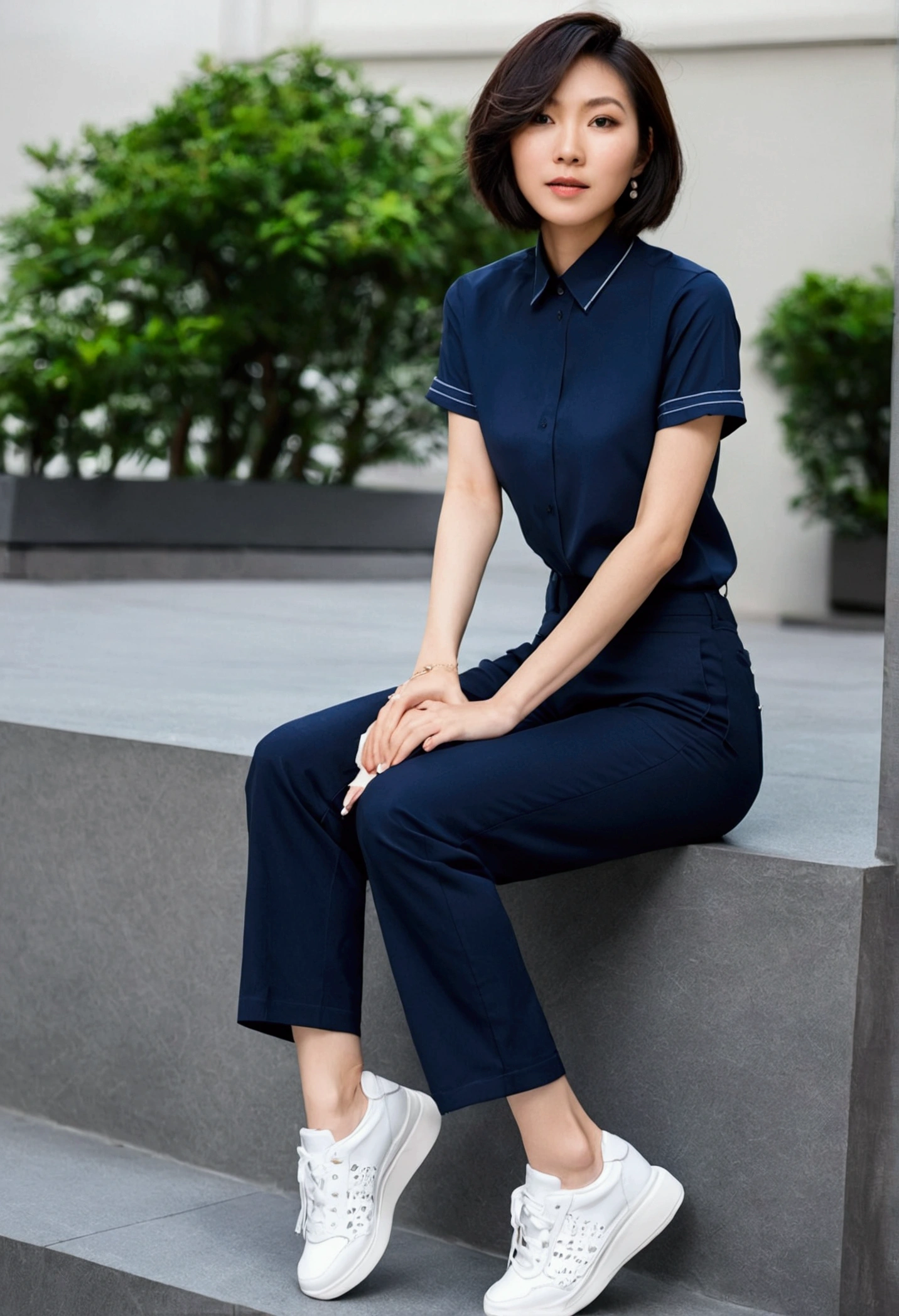 asian woman, short hair, dark blue short sleeved shirt, navy pants, white sneaker