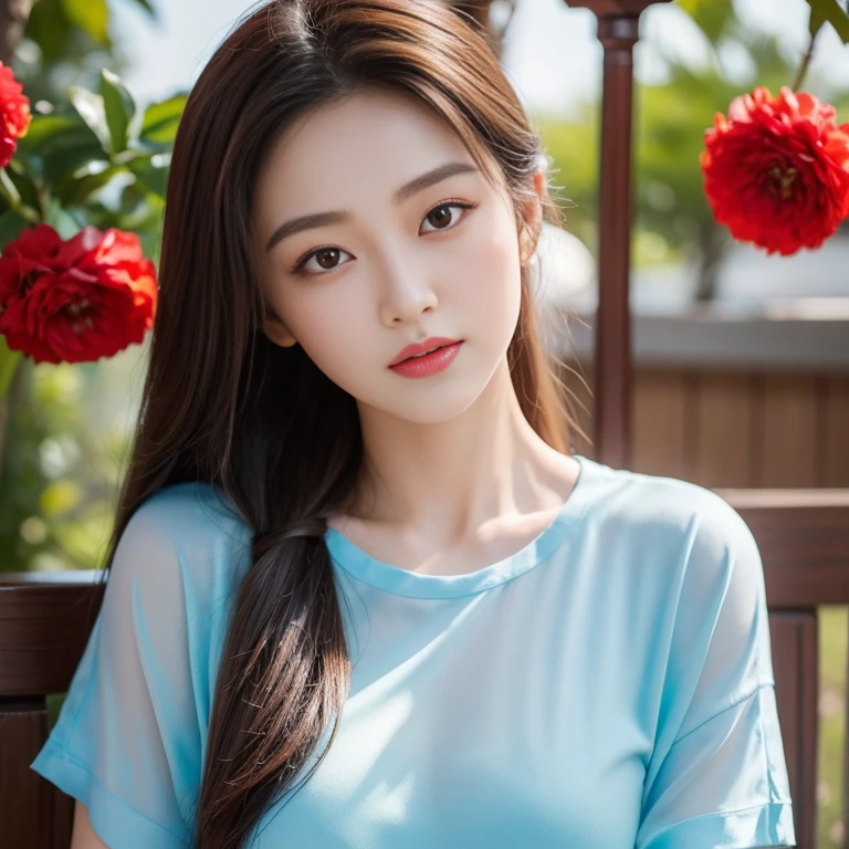 Arafe woman with long brown hair wearing a red shirt, Ruean Jia is very beautiful.!, Inspiration from Huang Ji, 8K vertical rendering, photo realistic beautiful face, Dilraba Dilmurat, red jewelry, Inspiration from Yao Tingmei, Digital art of elegance, Sazi, Portrait of a modern Darna, Sakimi-chan, Big eyes,Double eyelids, black eyes, very large breasts, 38 inches, The chest is round and curved and shiny., abdominal muscles, perfect body, Wear a dark round neck t-shirt., Bright colors, expensive silk, outdoor, Warm light, The morning sun shines beautifully., (digital painting, HDR, high contrast), straight face, face focus), (Highest quality:1.4, 3D 8K, 45,000,000,000,pixels,),(Masterpiece:1.3),(sharp focus:1.2),glowing face, (Red cheeks:1.4), ยืนเดินoutdoor, The evening sun shines beautifully and realistically.,