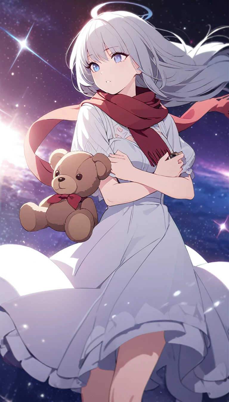 (((masterpiece))), (((best quality))),(((high detail))),light manipulation, girl with long silver hair, gradient purple to sky blue eyes, wearing a white dress, a red scarf, galaxy background, holding a teddy bear, feet, no footwear