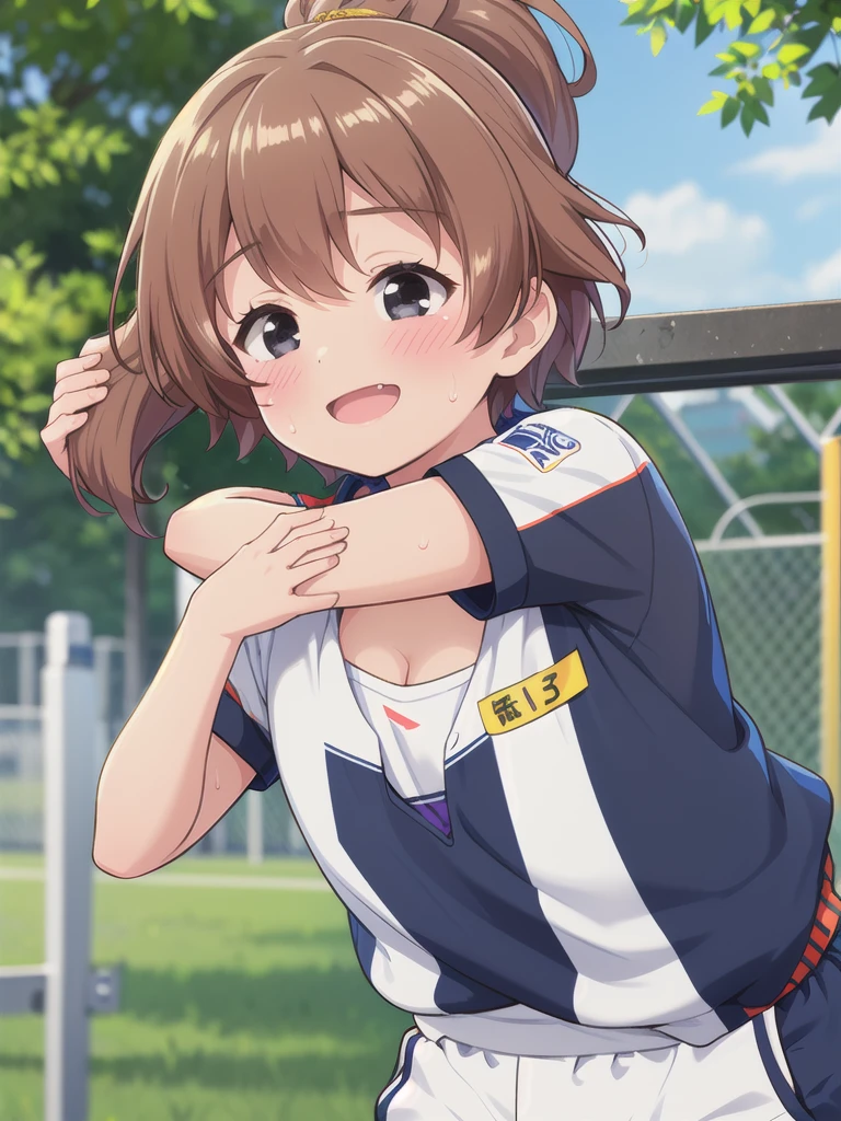 1girl,1boy,Outdoor,1girl,Track and field uniforms,Leaning forward,smile,Brown Hair, short hair, ponytail,Flat Chest,upper body,Cleavage,Sweating profusely,Chibi,,1boy,hug,face to chest,white face,black hair,black eyes,white skinned,young aged man,