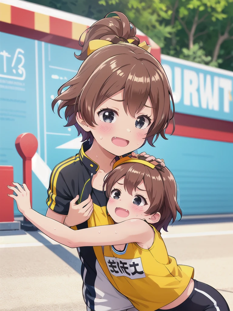 1girl,1boy,Outdoor,1girl,Track and field uniforms,Leaning forward,smile,Brown Hair, short hair, ponytail,Flat Chest,upper body,Cleavage,Sweating profusely,Chibi,,1boy,hug,face to chest,white face,black hair,black eyes,white skinned,young aged man,