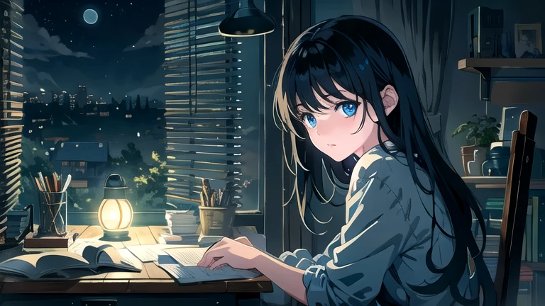 Create an illustration of a girl with black hair and blue eyes, sitting in a chair in front of a desk, Sentimental, Introspective look。, The moonlight gently shines into the room, Gently illuminate the space, Curtains sway in the wind, Increase tranquility, Dark mood, Emphasise the theme of loneliness, silence, And the depths of night, The room is dark、dimly lit by the moonlight
