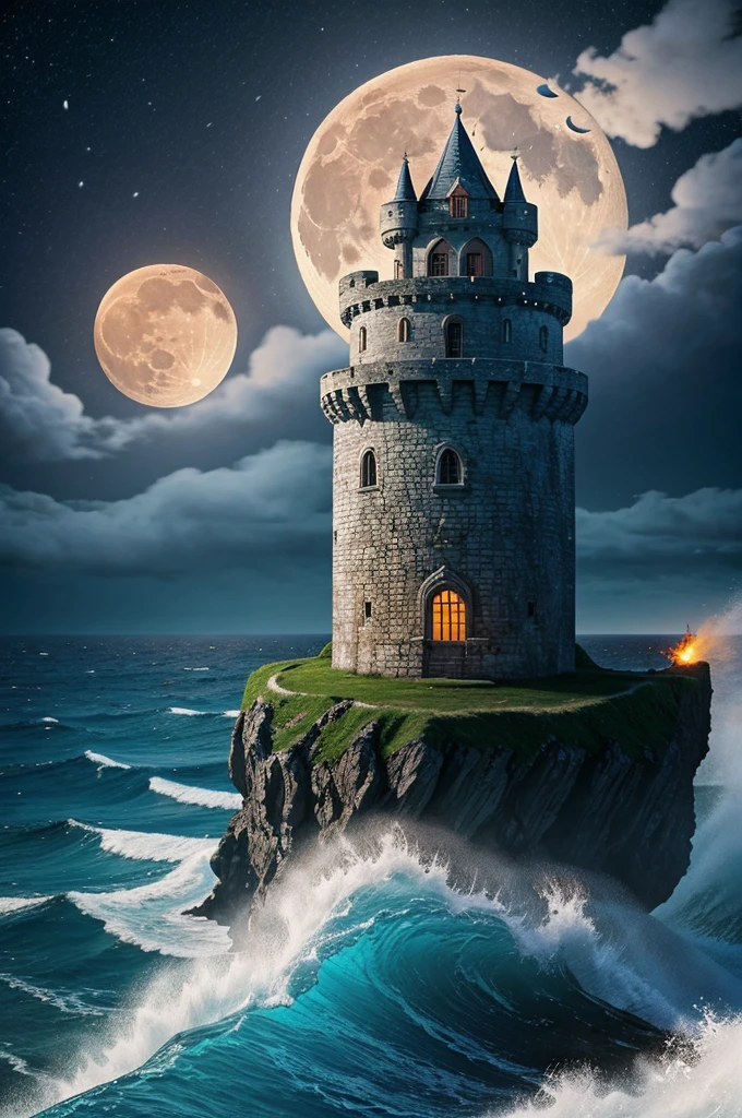 A moon behind small castle surrounded by ocean and waves slashing to the castle and raining at night and small dragon flying with open mouth fire in sky