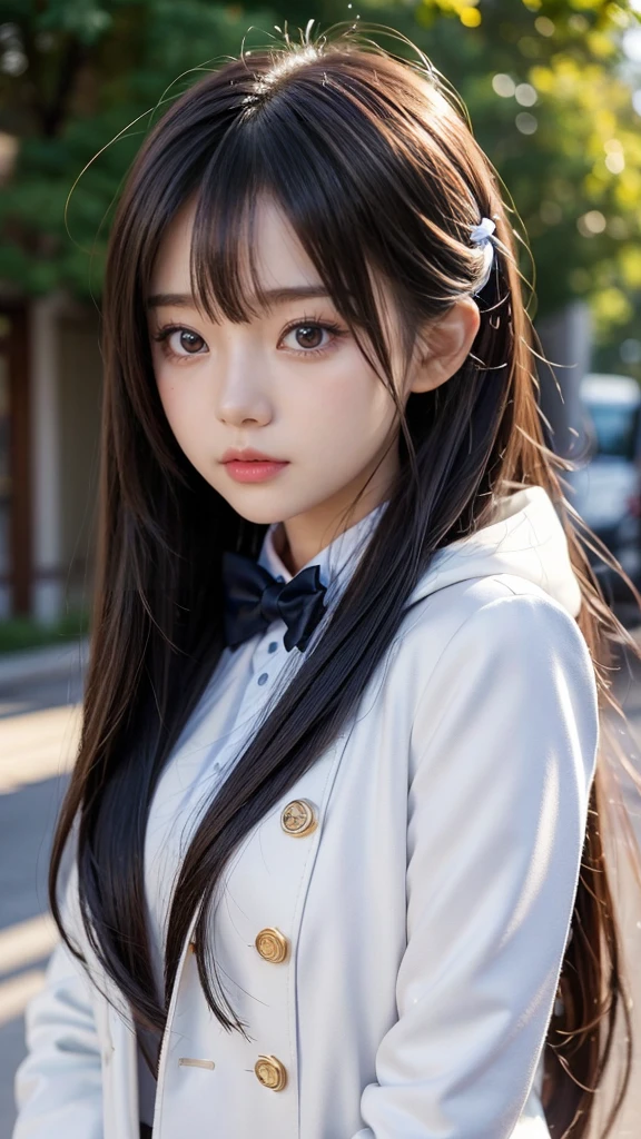 There is a woman with long hair wearing a white jacket and a bow tie., Korean Girls, Realistic young anime girl, Chinese Girl, Real life anime girls, Long Hair Anime Girl, Shirahime cut hairstyle, Cute natural anime face, Realistic Anime 3D Style, Beautiful Anime Girls, With a cute - lovely - face, Beautiful anime portraits, Beautiful Korean Women