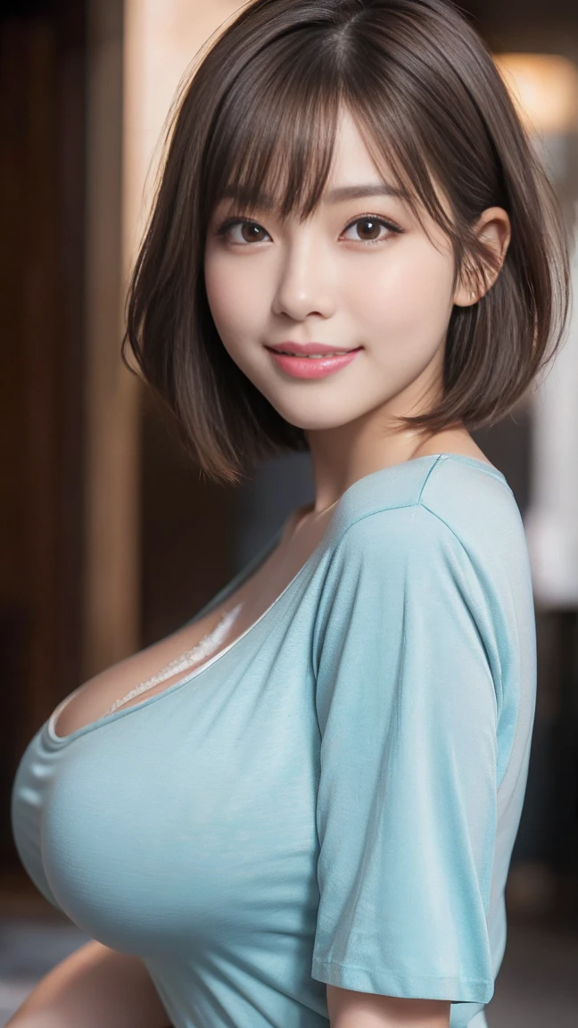 Highest quality, masterpiece, Ultra-high resolution, (Realistic:1.4), Beautiful woman, ((Big Breasts:1.1)), (((Short Bob))), (((Brown ash))), Beautiful Skin, Fine skin, 魅惑的なsmile, Background blur, smile, Hair over the ears, beautiful girl, Fair skin, Voluptuous, Plump body,(((Long Long)))、T-shirt