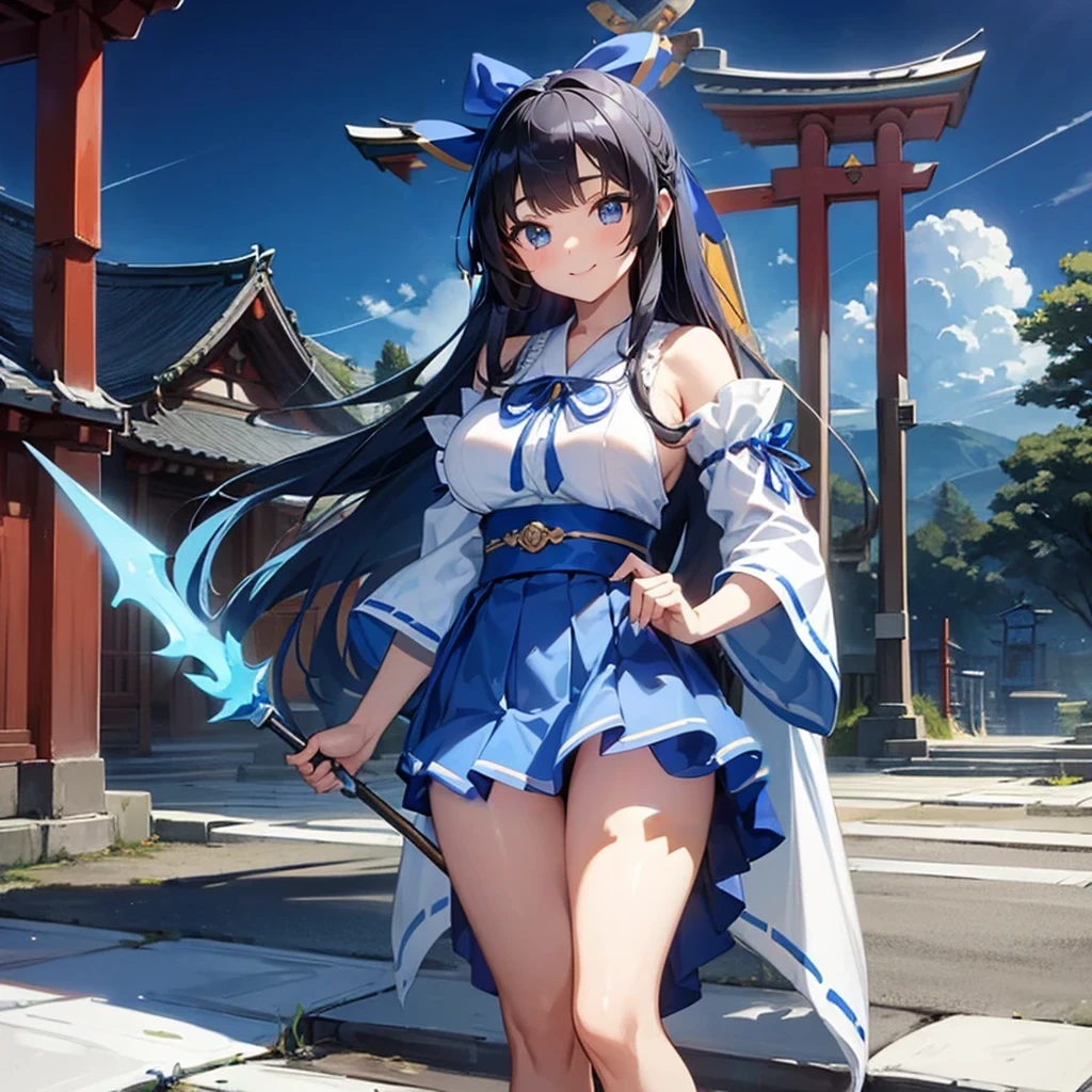 masterpiece,Highest quality,High resolution,Super detailed,hyper quality, highly detailed, (((gripping Spear))), The best smile、 (((青いmicro mini skirt))), Black hair straight、long hair、I don't wear anything on my feet、(((Blue Big Ribbon))),