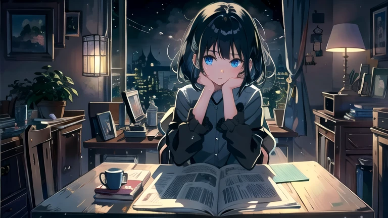 Create an illustration of a girl with black hair and blue eyes, sitting in a chair in front of a desk, Sentimental, Introspective look。, The moonlight gently shines into the room, Gently illuminate the space, Curtains sway in the wind, Increase tranquility, Dark mood, Emphasise the theme of loneliness, silence, And the depths of night, The room is dark、dimly lit by the moonlight