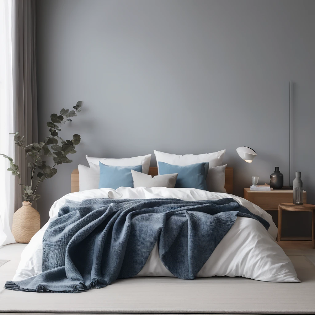 there is a bed with a blanket on it in a room, cozy bed, minimalistic and beautiful, natural light in room, pristine and clean design, small bed not made, soft grey and blue natural light, serene bedroom setting, clean and pristine design, white bed, un made bed, minimalistic design, bedroom background, in a bedroom, cozy and calm