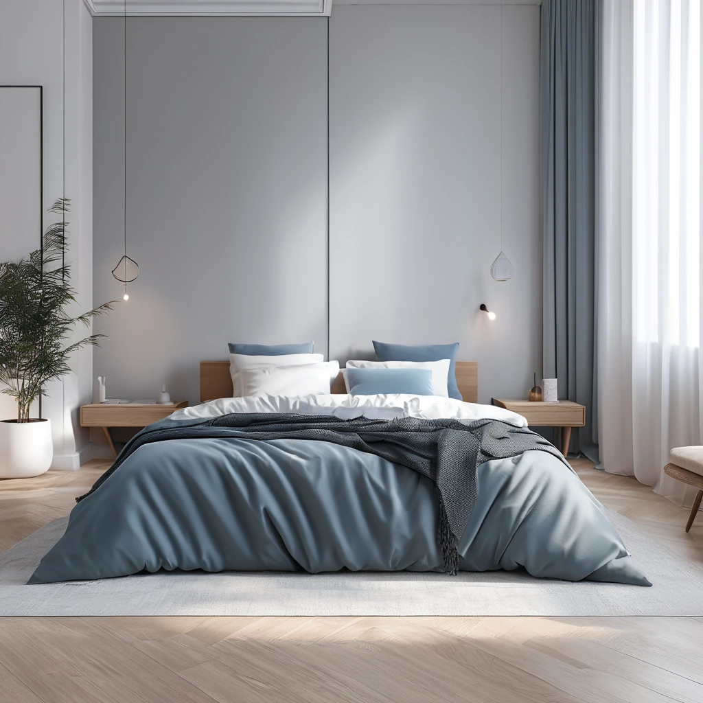 there is a bed with a blanket on it in a room, cozy bed, minimalistic and beautiful, natural light in room, pristine and clean design, small bed not made, soft grey and blue natural light, serene bedroom setting, clean and pristine design, white bed, un made bed, minimalistic design, bedroom background, in a bedroom, cozy and calm