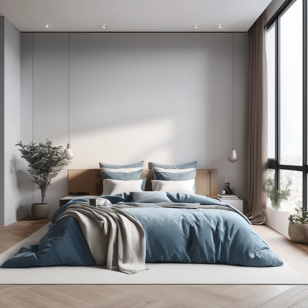 there is a bed with a blanket on it in a room, cozy bed, minimalistic and beautiful, natural light in room, pristine and clean design, small bed not made, soft grey and blue natural light, serene bedroom setting, clean and pristine design, white bed, un made bed, minimalistic design, bedroom background, in a bedroom, cozy and calm