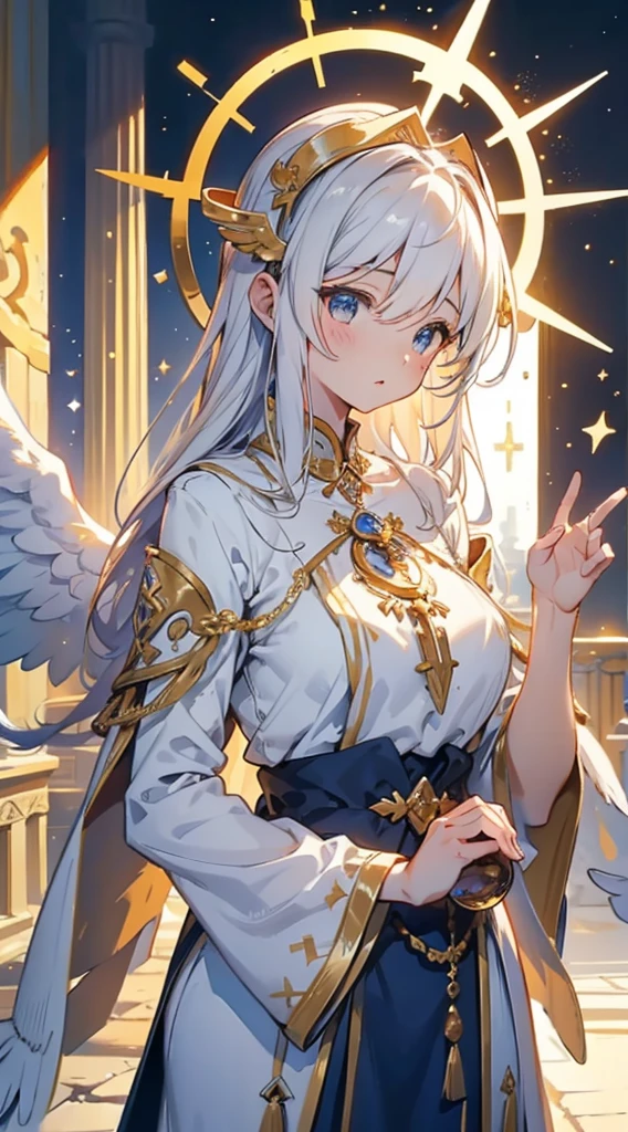 goddess，Fantasy style，Magic Style，Greek style，White gold color scheme，White and gold，goddess，Halo，Divinity，wing，wing，wing，wing，wing，Big breasts大屁股，Big breasts，Full figure，Royal sister，graceful，Noble temperament，robe，高开叉robe，Golden runes，Kingdom of Heaven background，Ancient Greek temple background，Close-up above the waist，Upper body close-up，Western style，Western style clothing，古希腊robe，Gods，Divinity，goddess