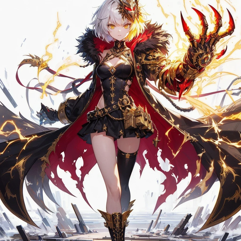 (Masterpiece, top quality), (fine hair), super detailed, anime style, solo, full body, cyberpunk gang girl, massive, white with yellow mixed with very short hair, gold eyes, right hand modified into a fearsome claw called the Claws of Horus. Left hand is a bare fist, fanged mask, black formal suits with gold trim, judo black belt, wolf fur shoulder guard and wolf fur cape, long boots, supernatural lightning, white background, full body standing, standing on desolate earth.
