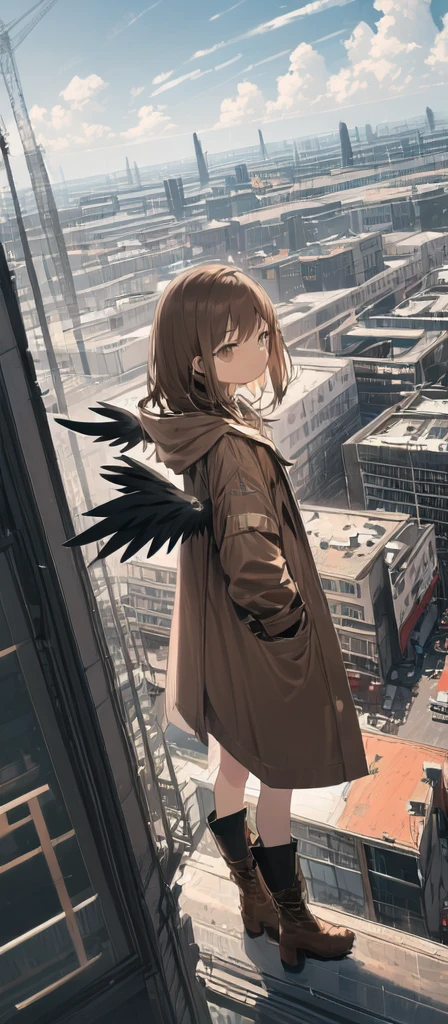 (masterpiece, best quality),from above , 1girl, solo, (feathered wings:1.2), billboard, brown eyes, brown hair, building, city, cloudy sky, coat, boots, crane \(machine\), dutch angle, from side, light frown, looking at viewer, outdoors, rooftop, sky, skyscraper