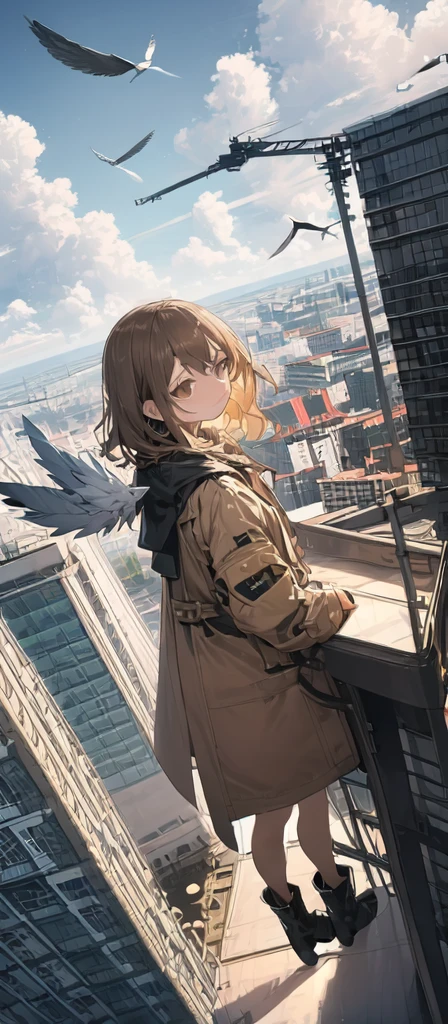 (masterpiece, best quality),from above , 1girl, solo, (feathered wings:1.2), billboard, brown eyes, brown hair, building, city, cloudy sky, coat, boots, crane \(machine\), dutch angle, from side, light frown, looking at viewer, outdoors, rooftop, sky, skyscraper