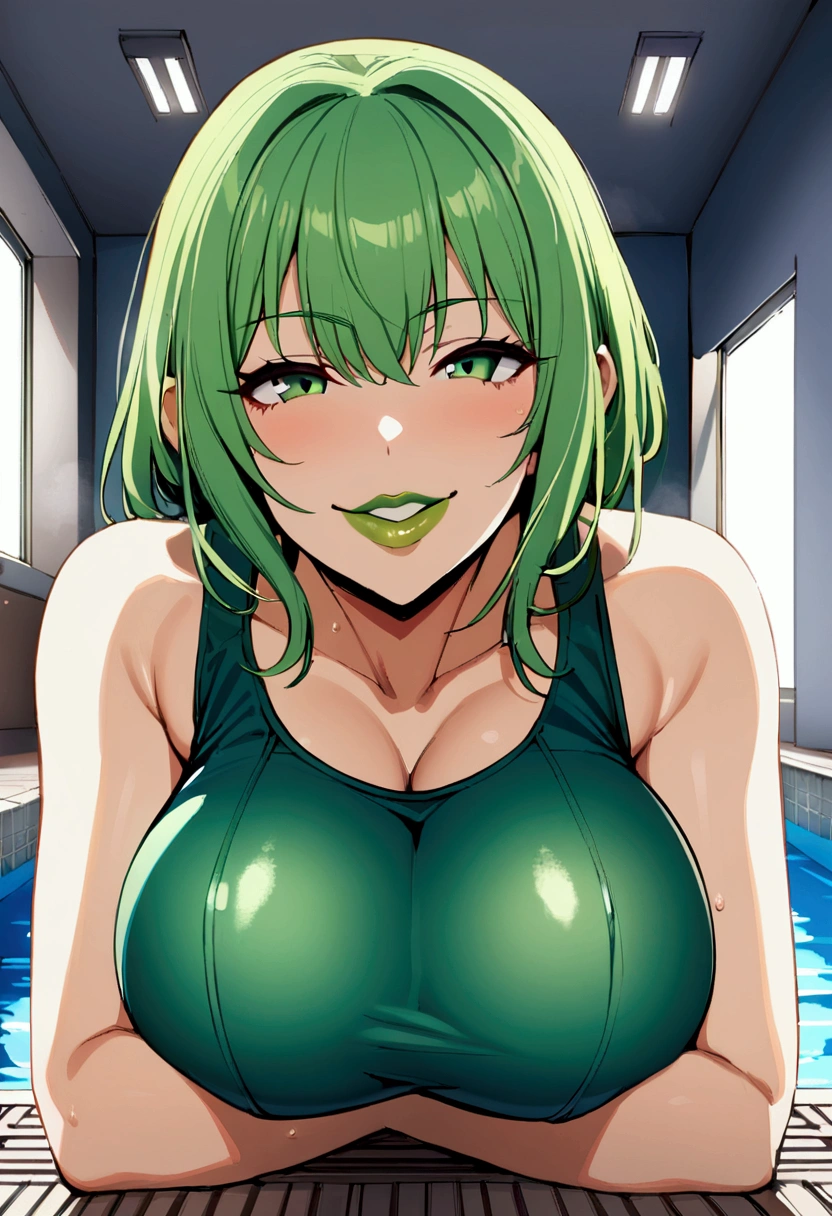 1girl with short green hair, green eyes, green lips, big breasts, school swimsuit, smile, horny face, in swimming pool, indoors, full stand
