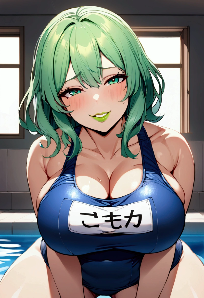 1girl with short green hair, green eyes, green lips, big breasts, school swimsuit, smile, horny face, in swimming pool, indoors, full stand