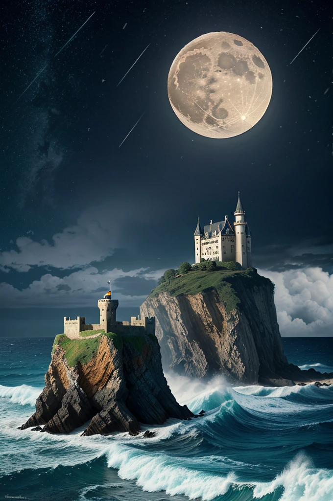 A moon behind small castle surrounded by ocean and waves slashing to the castle and raining at night and small dragon flying with open mouth fire in sky