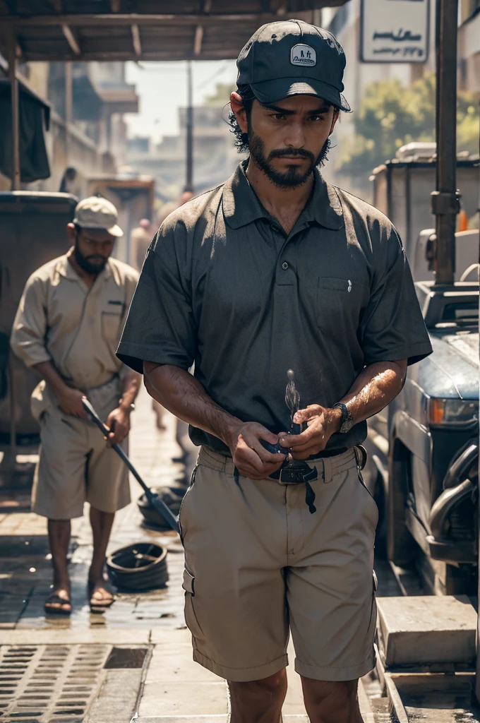 ((best quality)), ((masterpiece)), (detailed), ((1man)) facing the camera ,wearing cap, washing car ,(worker outfit)) , using water karcher , 1000 Focus expression, ((look down)) , , looking arab
