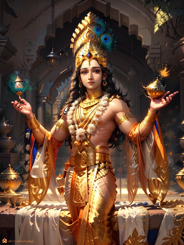 4k ultra, anime krishna, animekrishna, detailed face, detailed a close up of Lord Krishna holding a lit candle in his hands, hindu aesthetic, beautiful digital artwork, indian god, beautiful digital illustration, stunning digital illustration, beautiful avatar pictures, gorgeous digital painting, beautiful god, beautiful character painting, beautiful digital painting, artgerm and atey ghailan, beautiful lit, by Max Dauthendey, glowing flowing hair, peacock feathers on head, wearing a yellow cloth, big smile on his face