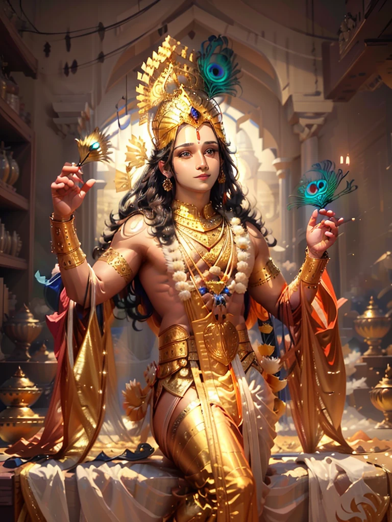 4k ultra, anime krishna, animekrishna, detailed face, detailed a close up of Lord Krishna holding a lit candle in his hands, hindu aesthetic, beautiful digital artwork, indian god, beautiful digital illustration, stunning digital illustration, beautiful avatar pictures, gorgeous digital painting, beautiful god, beautiful character painting, beautiful digital painting, artgerm and atey ghailan, beautiful lit, by Max Dauthendey, glowing flowing hair, peacock feathers on head, wearing a yellow cloth, big smile on his face