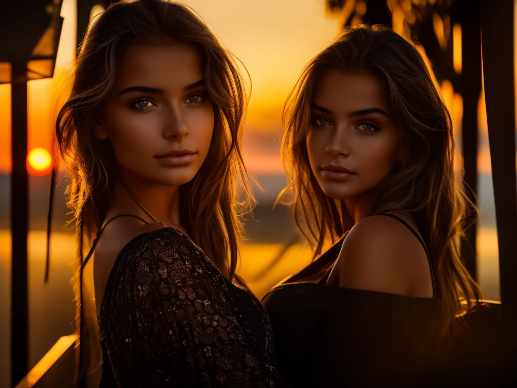 A young woman, looking directly at the camera, bright sunset, extremely detailed eyes and face, detailed facial features, cinematic composition, vivid colors, high quality, photorealistic
