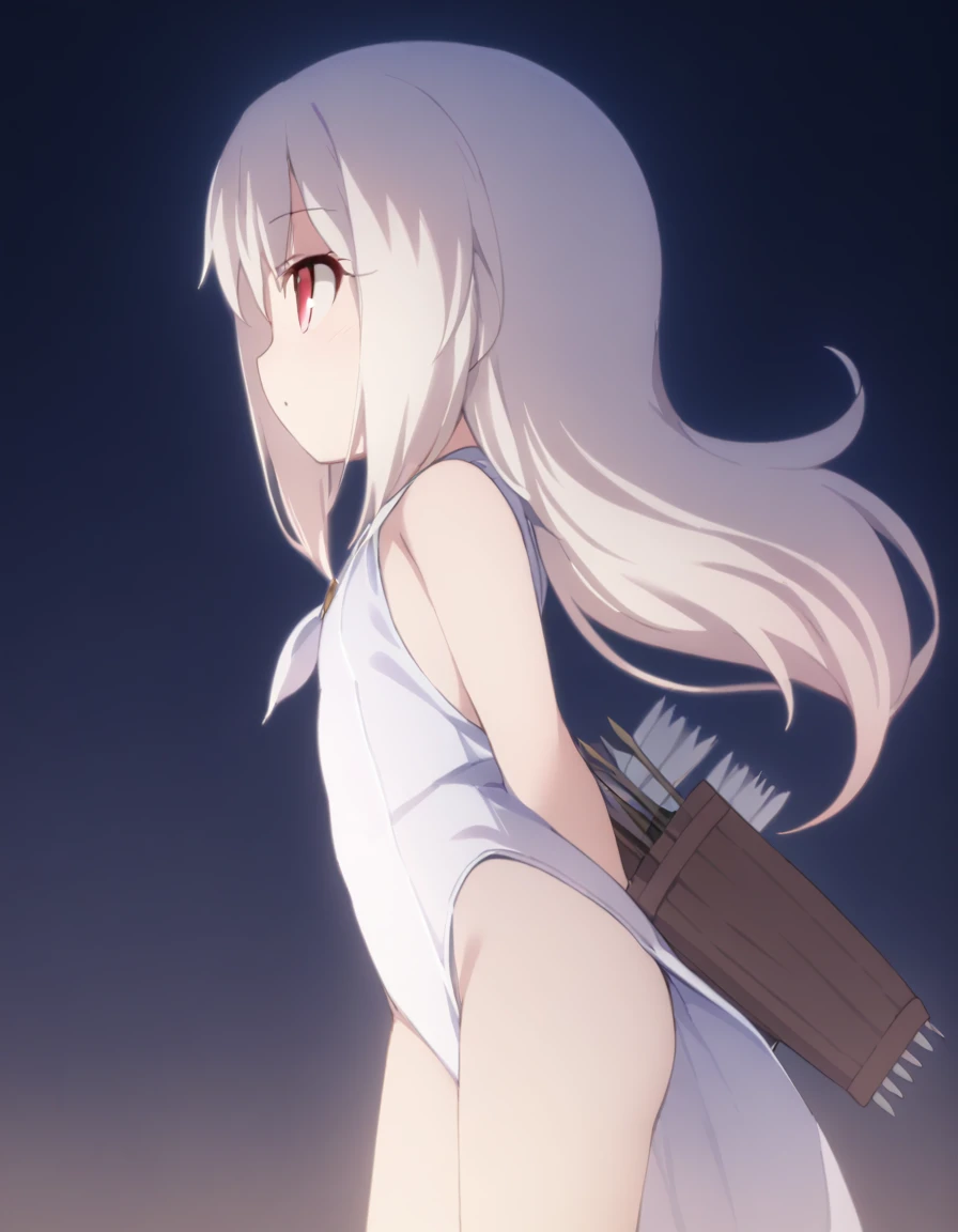 1 girl, shiny backlight, volumy long ponytail, silver hair, red eyes, middle breasts, her hair is fluttering down, white fantasic leotard outfit, white long loincloth,brown belts, long Quiver of Arrows behind back, open legs,open thighs, arched back, scerious,gazing, cowboy shot, masterpiece, best quality, general,