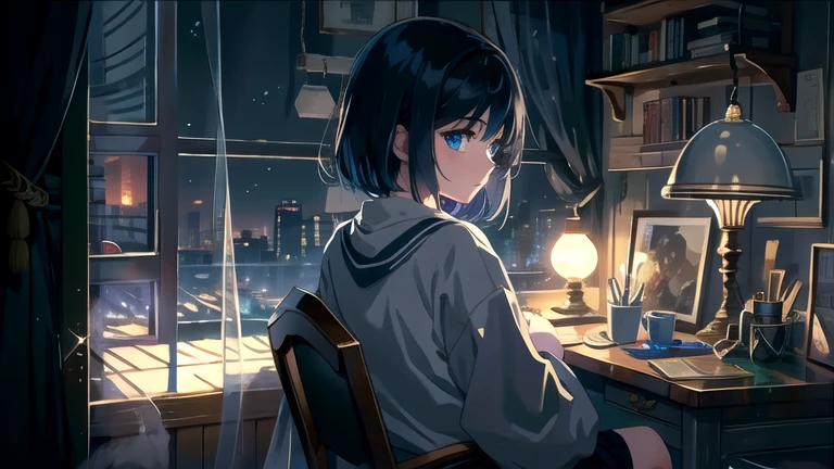 Create an illustration of a girl with black hair and blue eyes, sitting in a chair in front of a desk, Sentimental, Introspective look。, The moonlight gently shines into the room, Gently illuminate the space, Curtains sway in the wind, Increase tranquility, Dark mood, Emphasise the theme of loneliness, silence, And the depths of night, The room is dark、dimly lit by the moonlight