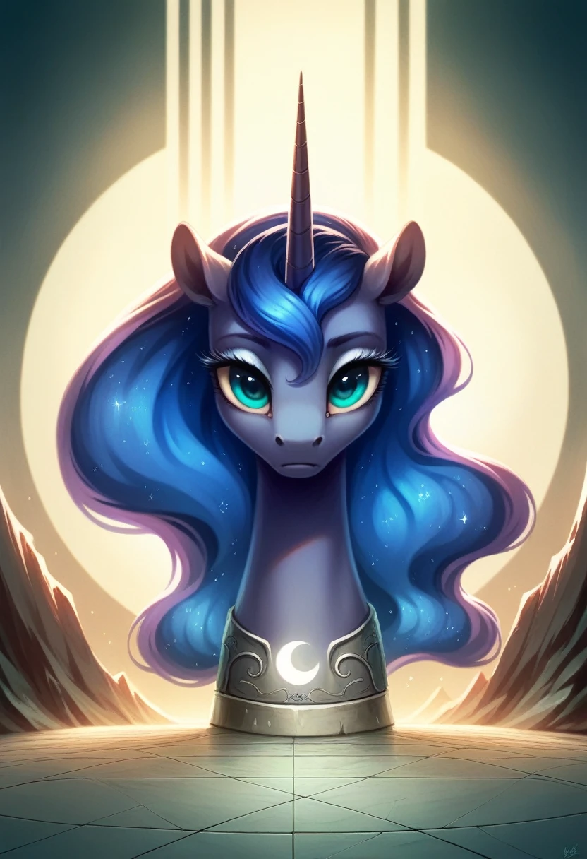 a disembodied head of Princess Luna on the floor, intricate detailed face, striking blue eyes, long eyelashes, glowing ethereal quality, surreal, dark fantasy, dramatic lighting, cinematic, muted color palette, chiaroscuro, masterpiece, ultra-detailed, 8k, photorealistic