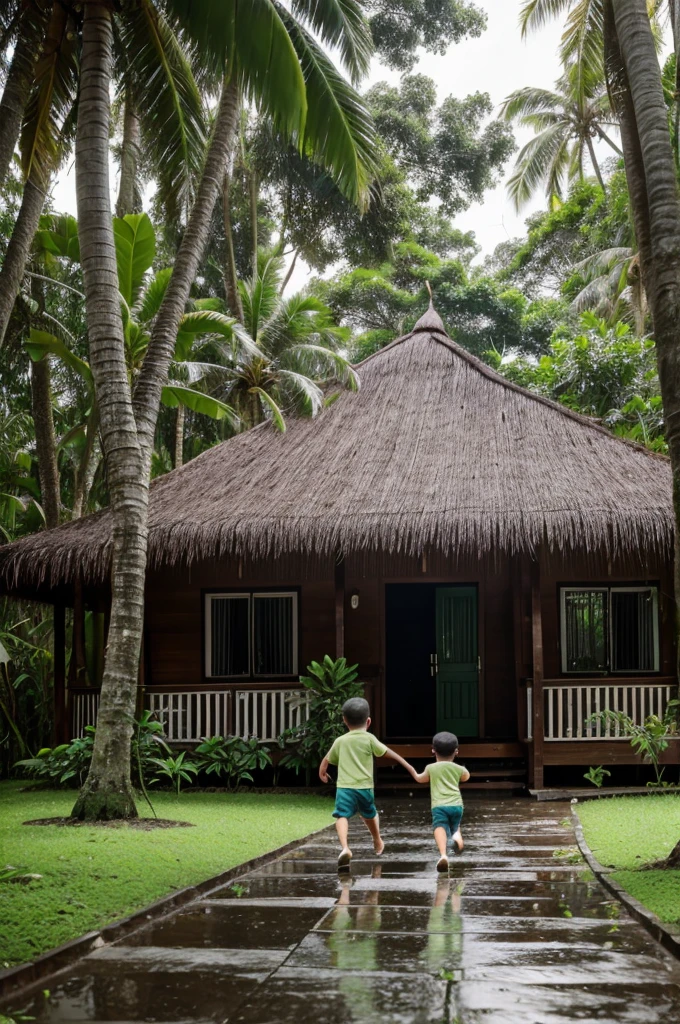 A house in beautiful green forest with so many coconut trees and raining outside with two children running towards shade