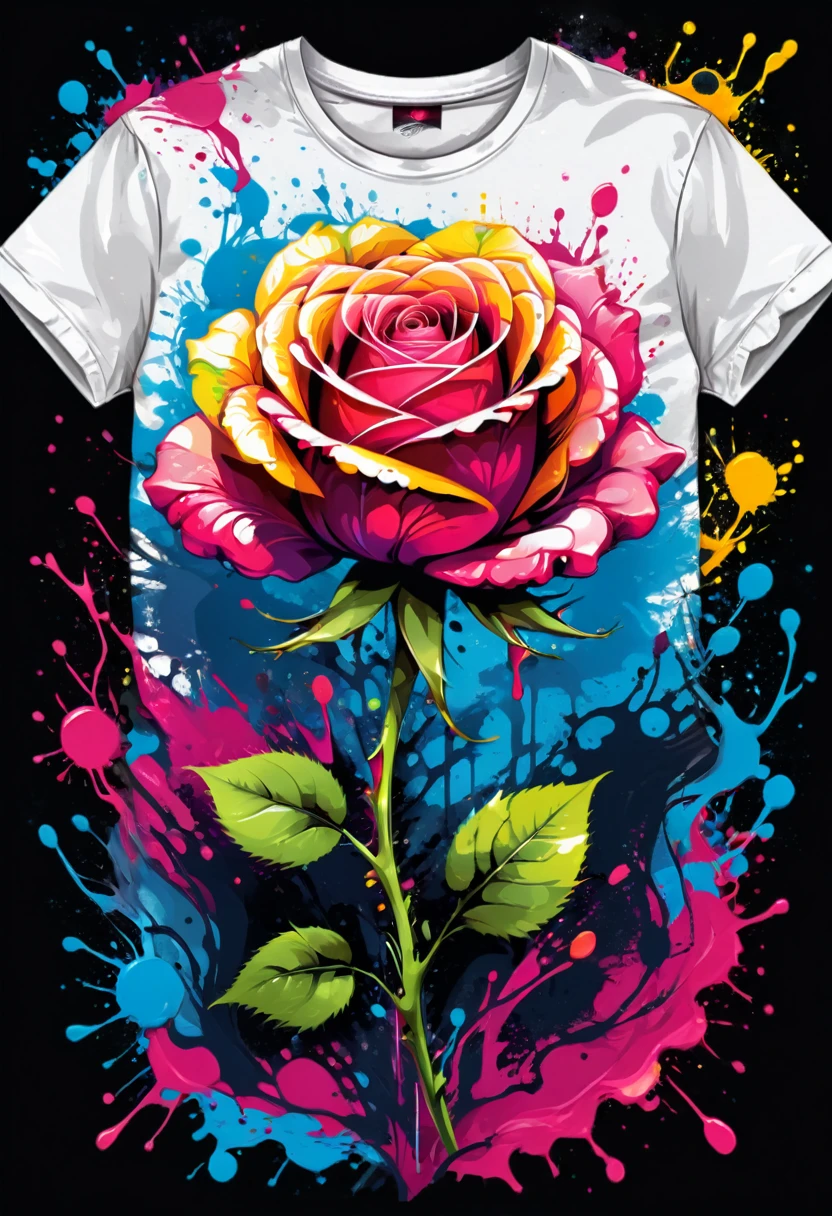 A t-shirt with vector art of a colorful rose illustration, At the center, swirly vibrant colors, paint splashes and smears, high détail, t-shirt designs
(work of art, best qualityer, proffesional, perfect composition, very aesthetic, absurdrez, super verbose, details Intricate:1.3)