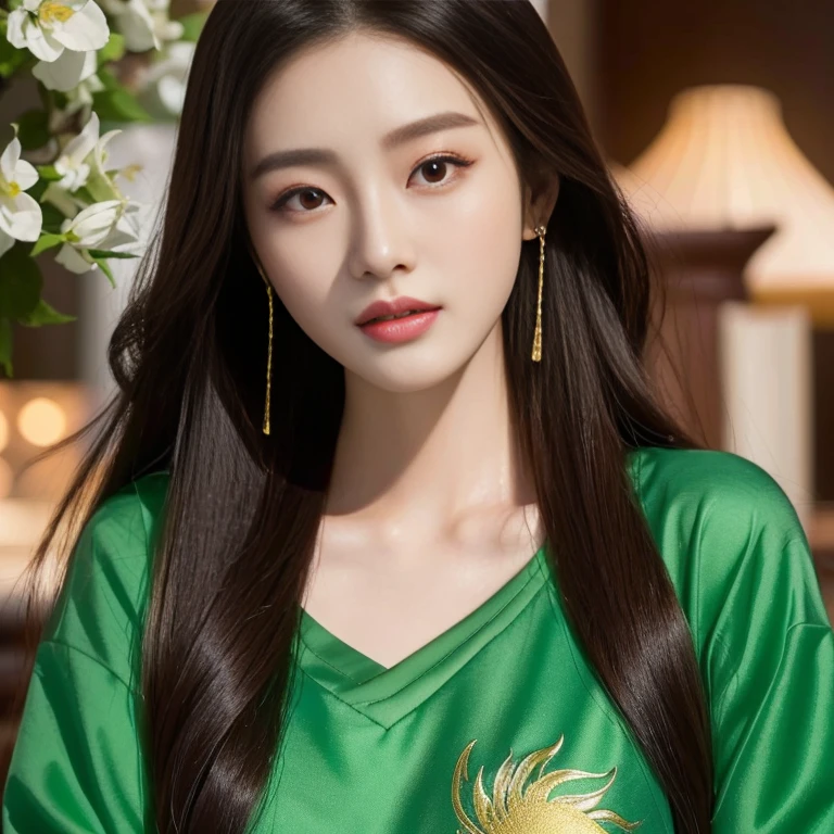 Close-up of a woman with long hair wearing a green shirt, Chinese girl, Gorgeous Chinese model, beautiful south korean women, Ruean Jia is very beautiful.!, Inspiration from Huang Ji, gongbi, Korean girl, Xindong Chen, Li Zixin, Popular Korean cosmetics, Inspiration from Woobin, Jisoo of Blackpink, Dilraba Dilmurat, Xianxia
