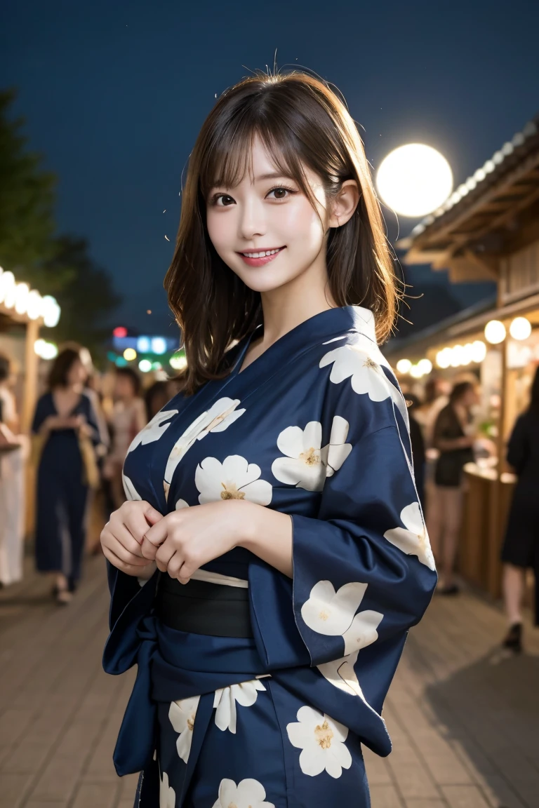 Summer festival stalls in Frankfurt , Highest quality, shape, Very detailed, In detail, High resolution, 8k wallpaper, Perfect dynamic composition, Beautiful details,  Natural Lip, Colorful and cute yukata, Big Breasts, She is smiling in a cute pose.., A masterpiece of the whole body, Full Body Shot,Big full moon in the background