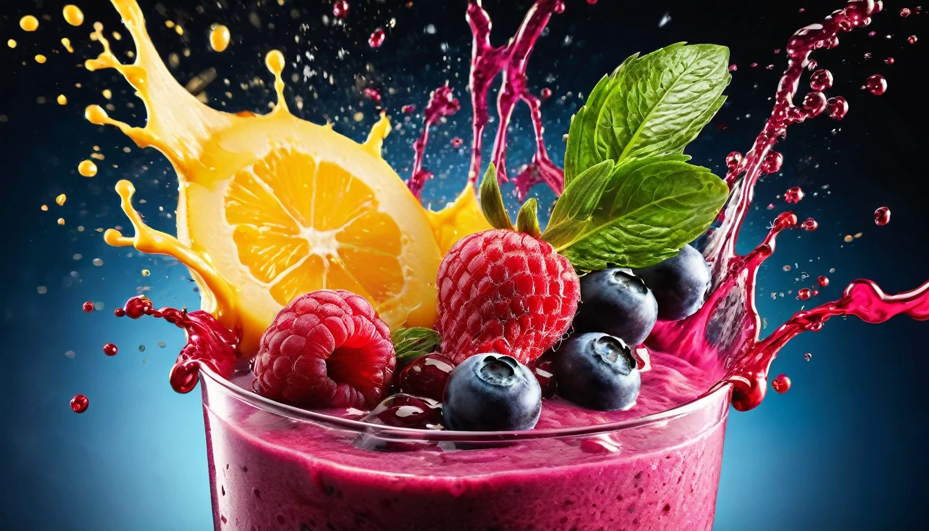 Smoothie, Healthy and vibrant smoothie. Capture dramatic smoothie splash. Creative Dynamic compotition vary angle. Macro Food photography, taken by very high tech expensive camera. Eyecatching, mouthwatering and cavtivating. Photo product, great for poster promotion. 8k, HD quality, ultra realistic, hyper detailed. out of the box idea taken from different angle. copy space