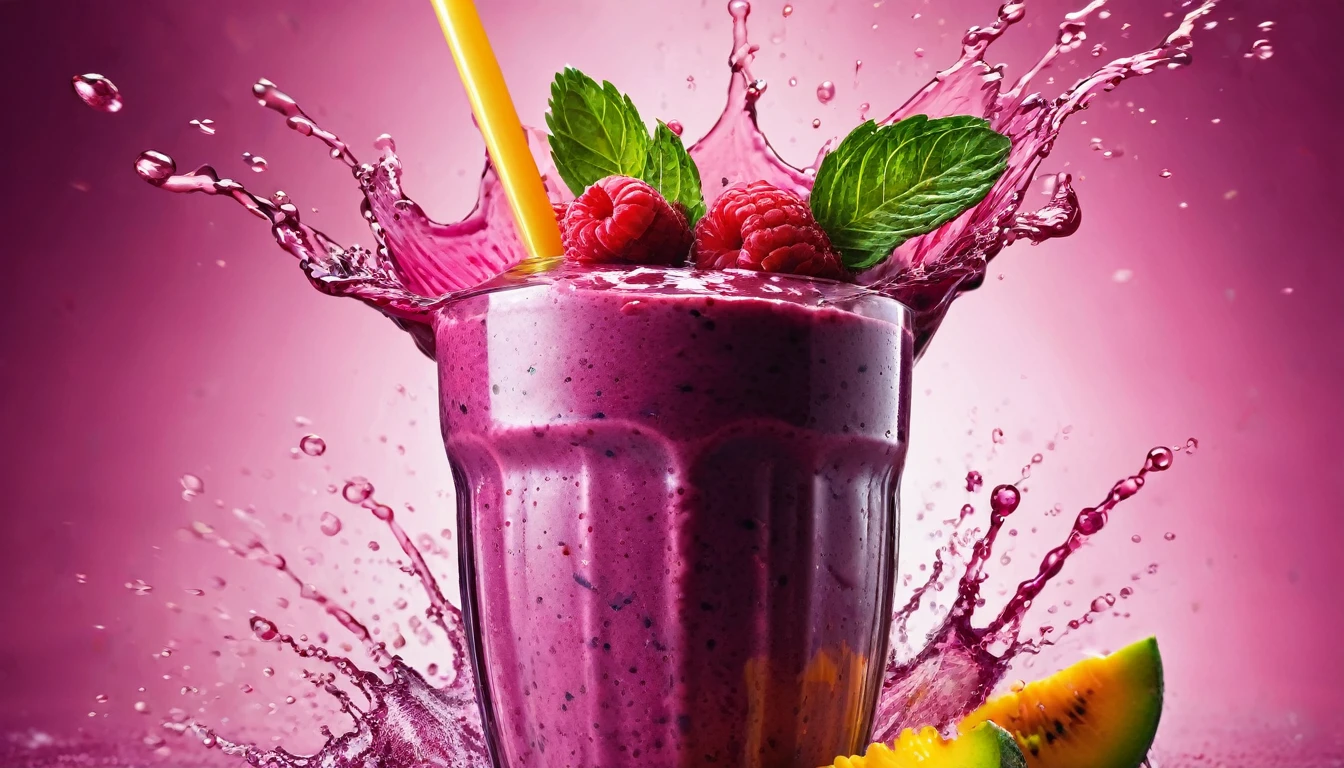 Smoothie, Healthy and vibrant smoothie. Capture dramatic smoothie splash. Creative Dynamic compotition vary angle. Macro Food photography, taken by very high tech expensive camera. Eyecatching, mouthwatering and cavtivating. Photo product, great for poster promotion. 8k, HD quality, ultra realistic, hyper detailed. out of the box idea taken from different angle. copy space