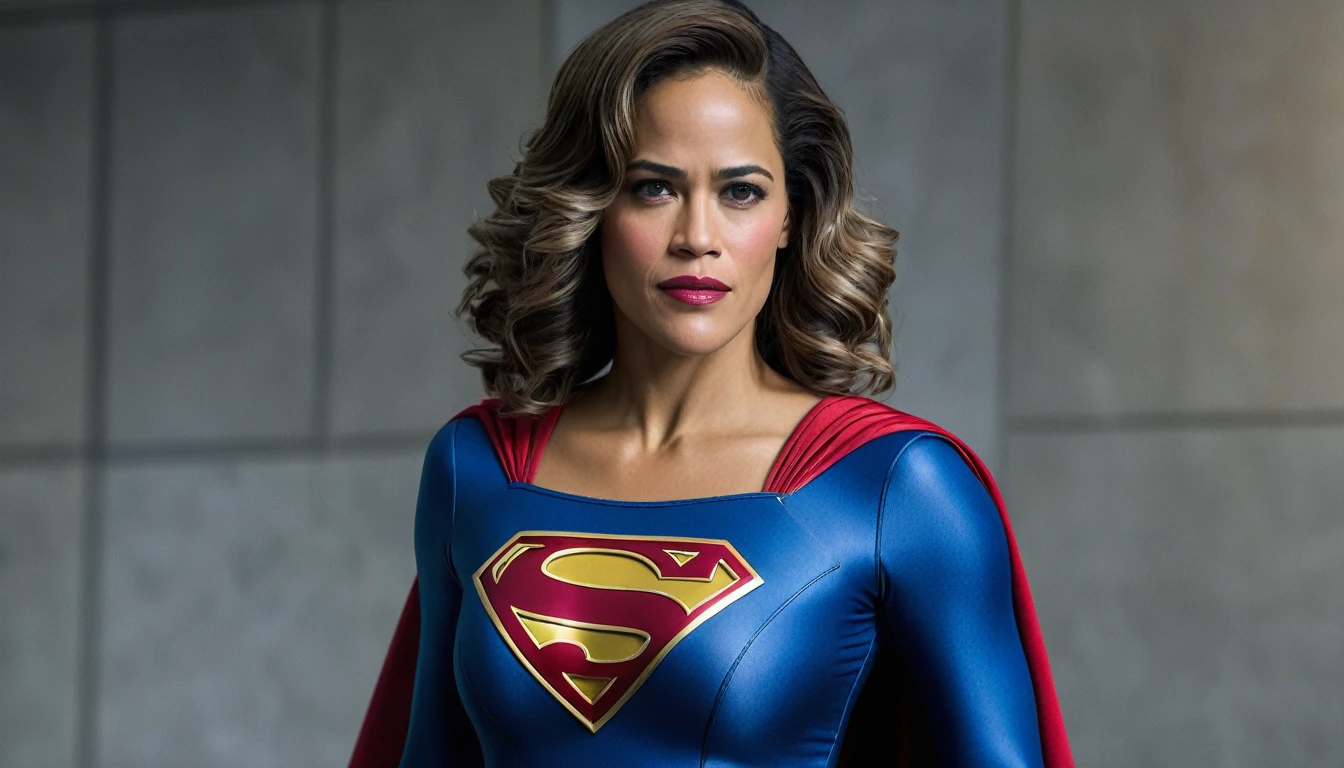 powerful and confident; Paula Patton Supergirl 1984s movie costume;  HD. Photograph, ((realism)), extremely high quality RAW photograph, ultra detailed photograph, sharp focus, high resolution, (detailed skin:1,3),high quality, film grain, Fujifilm XT3,Highly Detailed, movie, (Cinematic Photo:1.3) of (Realistic:1.3). Super breasts.