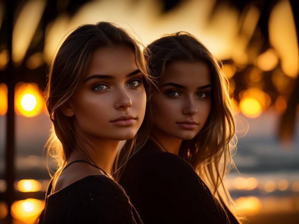 A young woman, looking directly at the camera, bright sunset, extremely detailed eyes and face, detailed facial features, cinematic composition, vivid colors, high quality, photorealistic