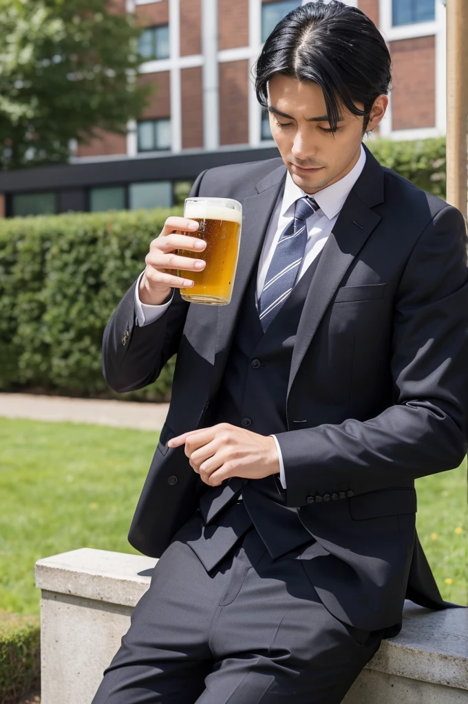 1 man, black hair, suit, beer garden, 5 office workers, beer, cheers