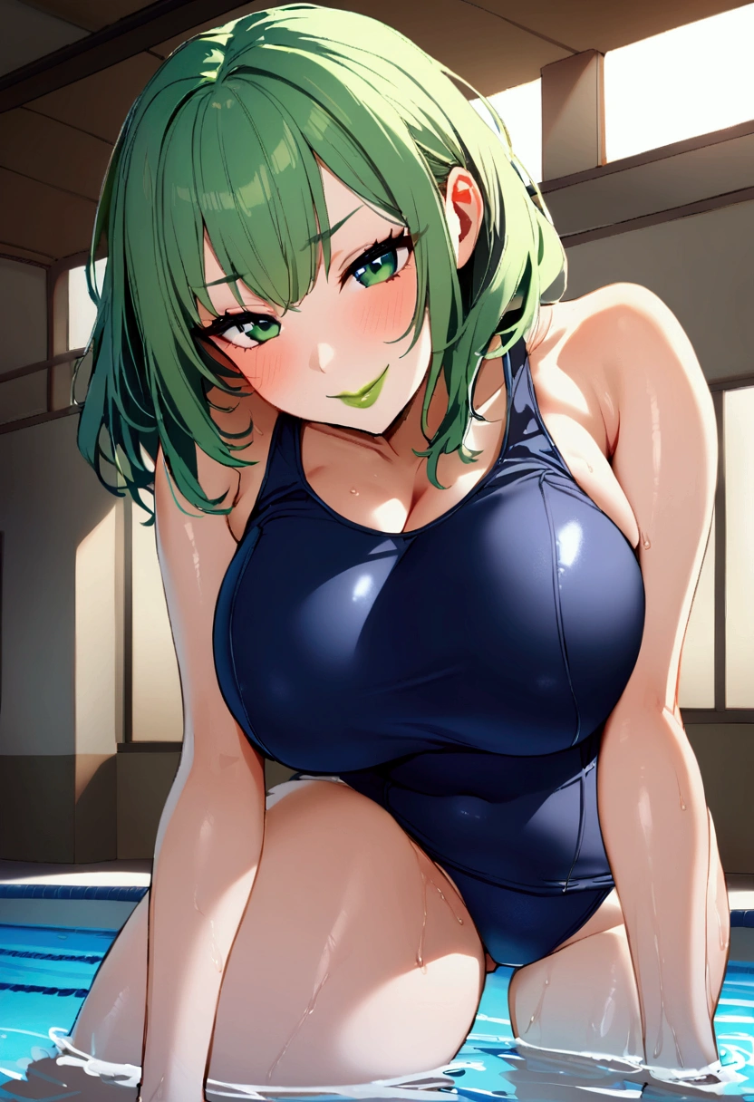 1girl with short green hair, green eyes, green lips, big breasts, school swimsuit, smile, horny face, swimming pool, indoors, full stand
