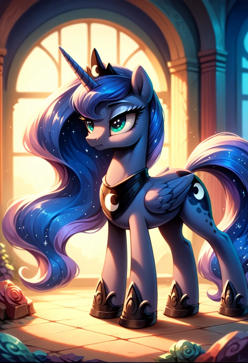 a disembodied head of Princess Luna on the floor, intricate detailed face, striking blue eyes, long eyelashes, glowing ethereal quality, surreal, dark fantasy, dramatic lighting, cinematic, muted color palette, chiaroscuro, masterpiece, ultra-detailed, 8k, photorealistic