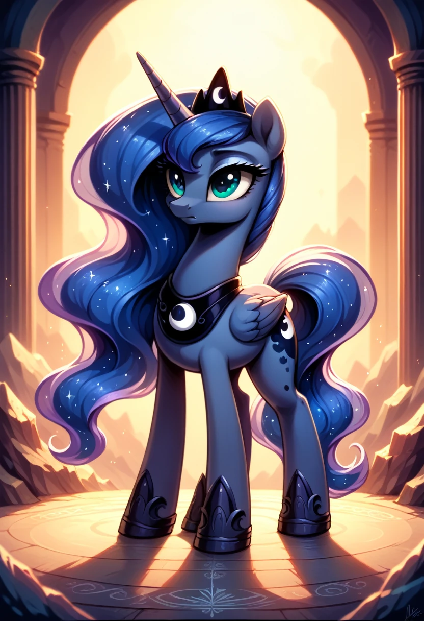 a disembodied head of Princess Luna on the floor, intricate detailed face, striking blue eyes, long eyelashes, glowing ethereal quality, surreal, dark fantasy, dramatic lighting, cinematic, muted color palette, chiaroscuro, masterpiece, ultra-detailed, 8k, photorealistic