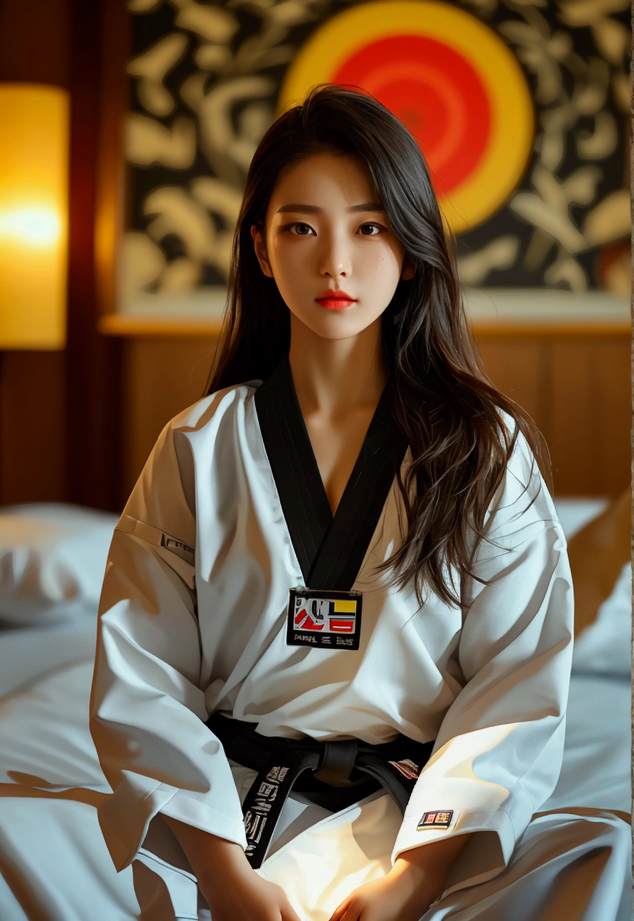 masterpiece, ultra details, best quality, 1 korean taekwondo girl, masterpiece, ultra details, best quality, black long straight hair, wearing white World Taekwondo Federation dobok uniform with black v-neck, wearing taekwondo blackbelt, wearing white martial arts pants without pockets, large sweaty butt, large breasts, laying on hotel bed showing butt, sweat on face