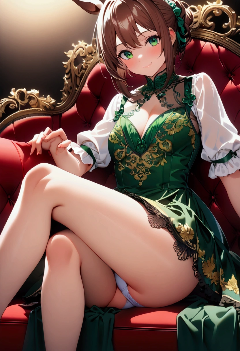 (((Horse Girl))), (((Fine Motion))), Thighs, sitting on a luxurious red sofa, ((( are slightly visible))), smile, Dress like a young lady, (((Sexy paes win embroidery))), High resolution,