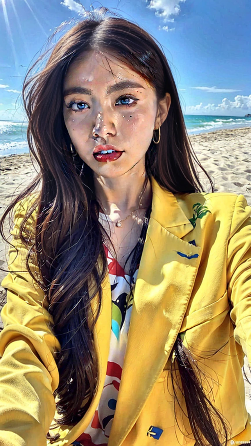 Realistic, big , Very long hair, Lying on the beach, Looking at the camera, Yellow suit
