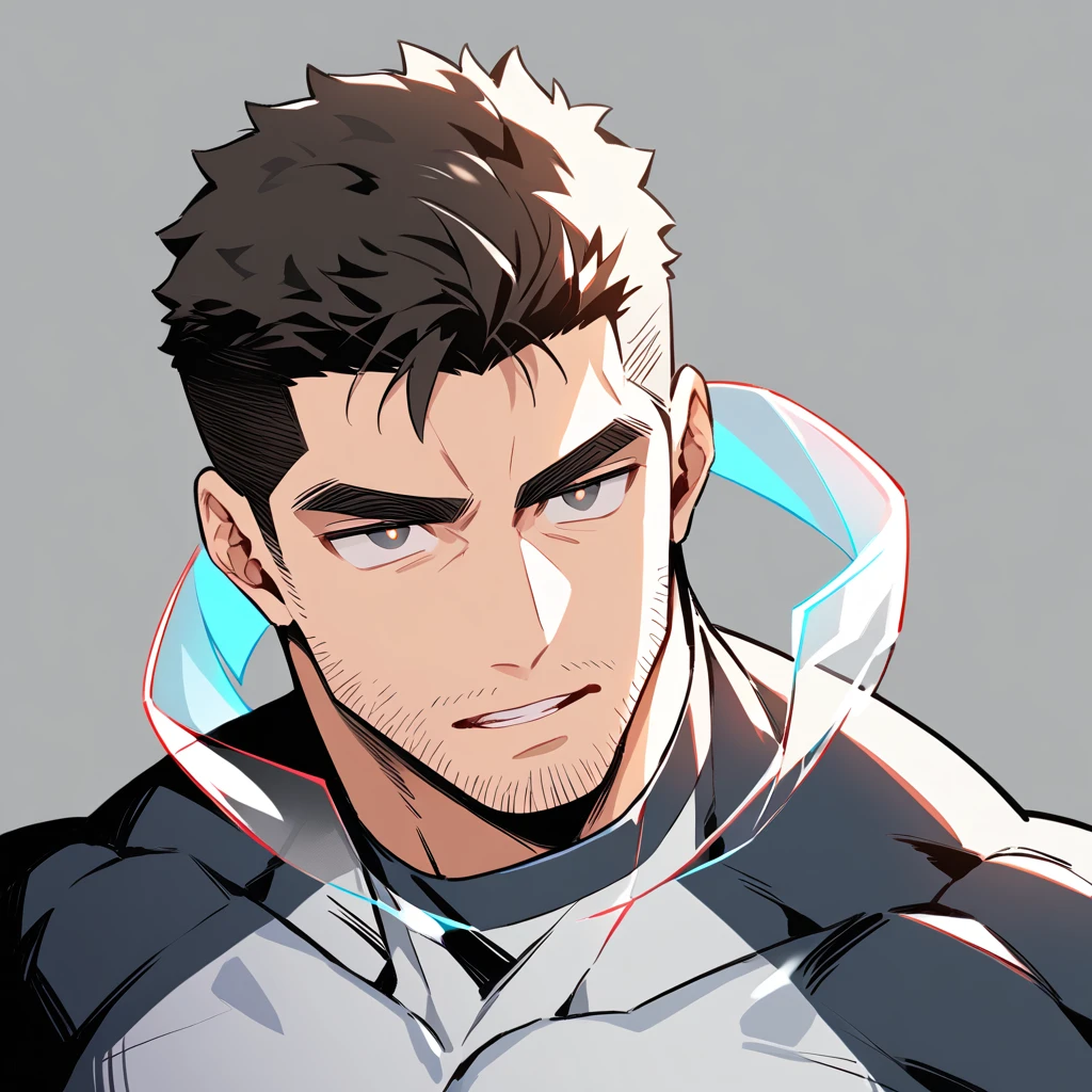 anime characters:Chris Redfield, Muscle Sports Student, Buzz Cut,Manliness, male focus, Dark black high collar long sleeve tight T-shirt, Slightly transparent material, Very tight, Round, full and perky chest muscles, Slightly transparent, muscular male, muscular, only, Upper body, alone, Black short hair, Thick eyebrows, stubble, Brown-red pupils, Grey background, simple background, amazing quality, best aesthetics, Ridiculous, crew cut, parted lips, v-shaped eyebrows, jitome, best quality