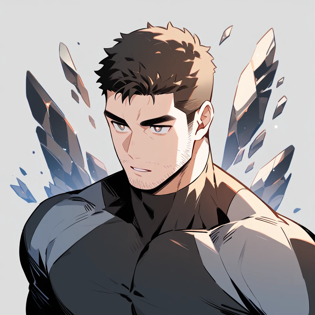 anime characters:Chris Redfield, Muscle Sports Student, Buzz Cut,Manliness, male focus, Dark black high collar long sleeve tight T-shirt, Slightly transparent material, Very tight, Round, full and perky chest muscles, Slightly transparent, muscular male, muscular, only, Upper body, alone, Black short hair, Thick eyebrows, stubble, Brown-red pupils, Grey background, simple background, amazing quality, best aesthetics, Ridiculous, crew cut, parted lips, v-shaped eyebrows, jitome, best quality