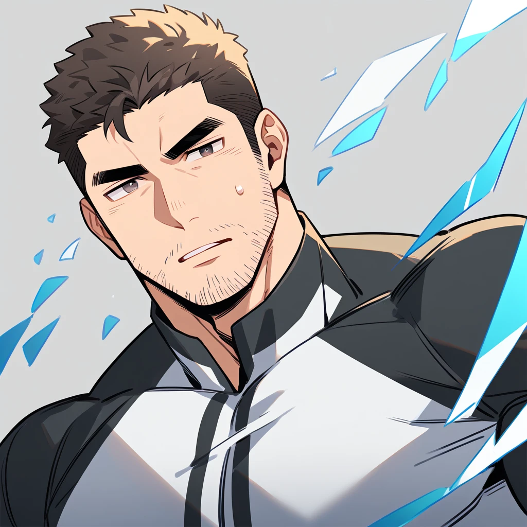 anime characters:Chris Redfield, Muscle Sports Student, Buzz Cut,Manliness, male focus, Dark black high collar long sleeve tight T-shirt, Slightly transparent material, Very tight, Round, full and perky chest muscles, Slightly transparent, muscular male, muscular, only, Upper body, alone, Black short hair, Thick eyebrows, stubble, Brown-red pupils, Grey background, simple background, amazing quality, best aesthetics, Ridiculous, crew cut, parted lips, v-shaped eyebrows, jitome, best quality