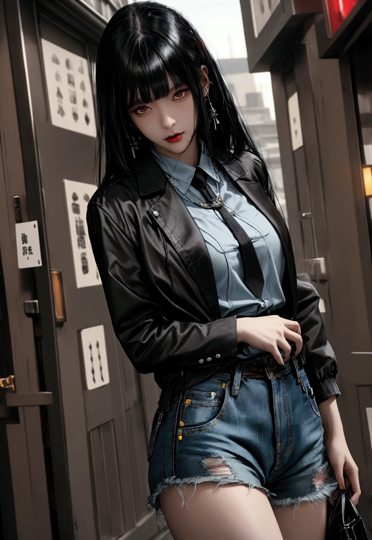 ultra-detailed, highly detailed,nbest quality, masterpiece, illustration, 
Anime-style girl with black hair wearing a black jacket with yellow accents over a light blue blouse, and distressed denim shorts, standing outdoors.