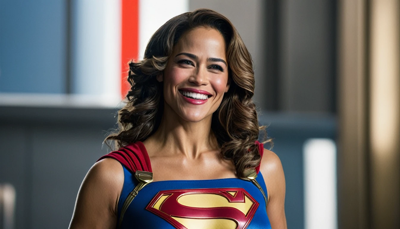 powerful, smiling and confident; Paula Patton Supergirl 1984s movie costume;  HD. Photograph, ((realism)), extremely high quality RAW photograph, ultra detailed photograph, sharp focus, high resolution, (detailed skin:1,3),high quality, film grain, Fujifilm XT3,Highly Detailed, movie, (Cinematic Photo:1.3) of (Realistic:1.3). Super breasts.