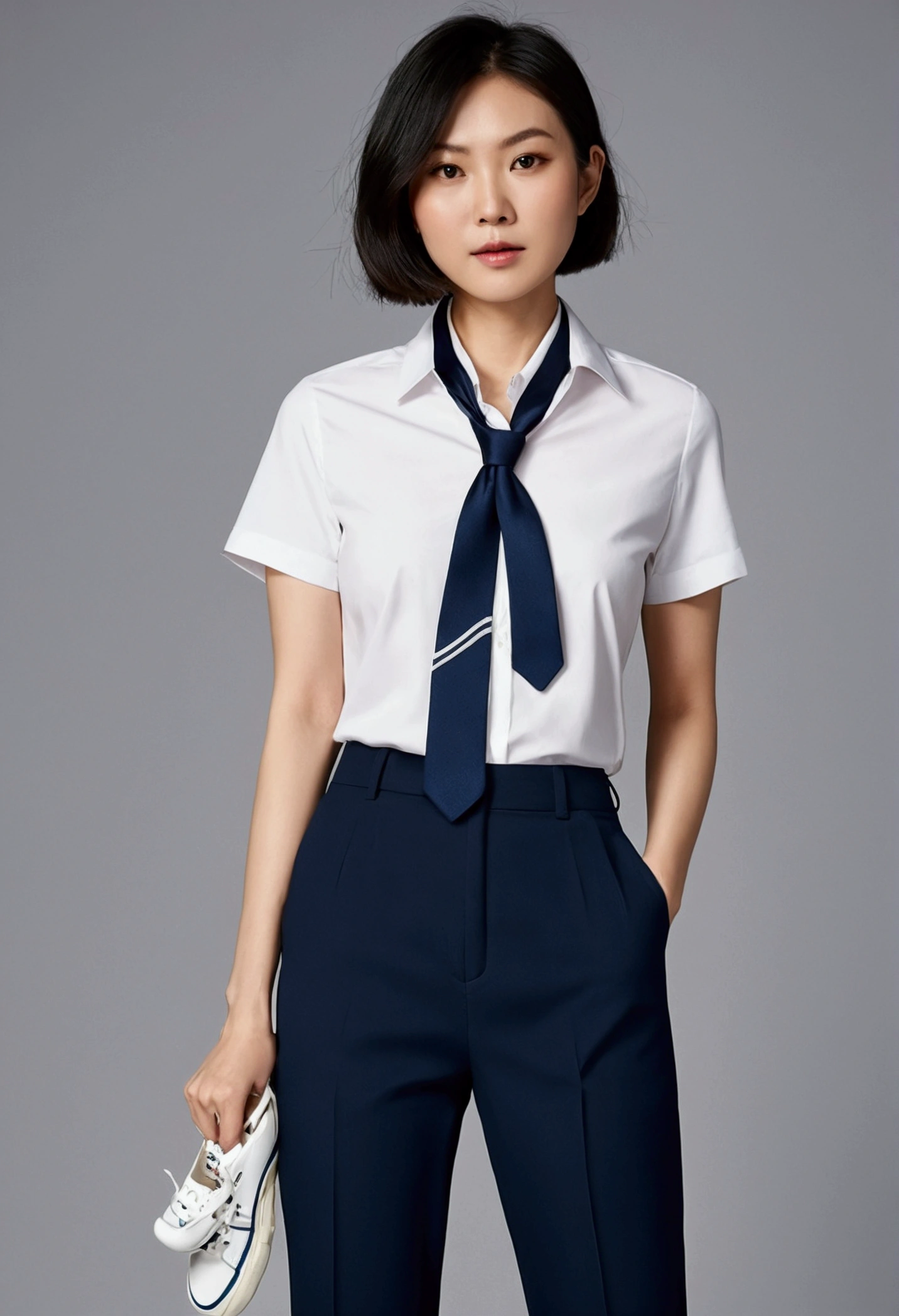 asian woman, short hair, dark blue short sleeved shirt, navy pants, white sneaker, navy tie on her neck