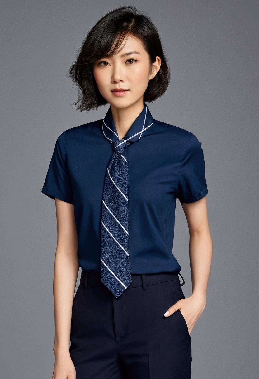 asian woman, short hair, dark blue short sleeved shirt, navy pants, white sneaker, navy tie on her neck